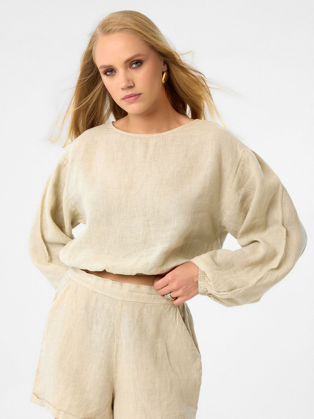 Langarm Crop-Top in Sandbeige