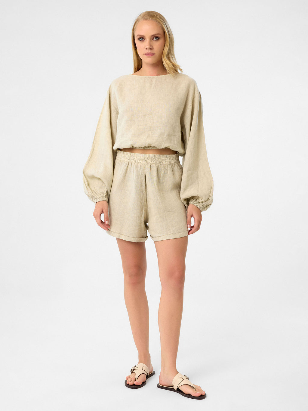 Langarm Crop-Top in Sandbeige