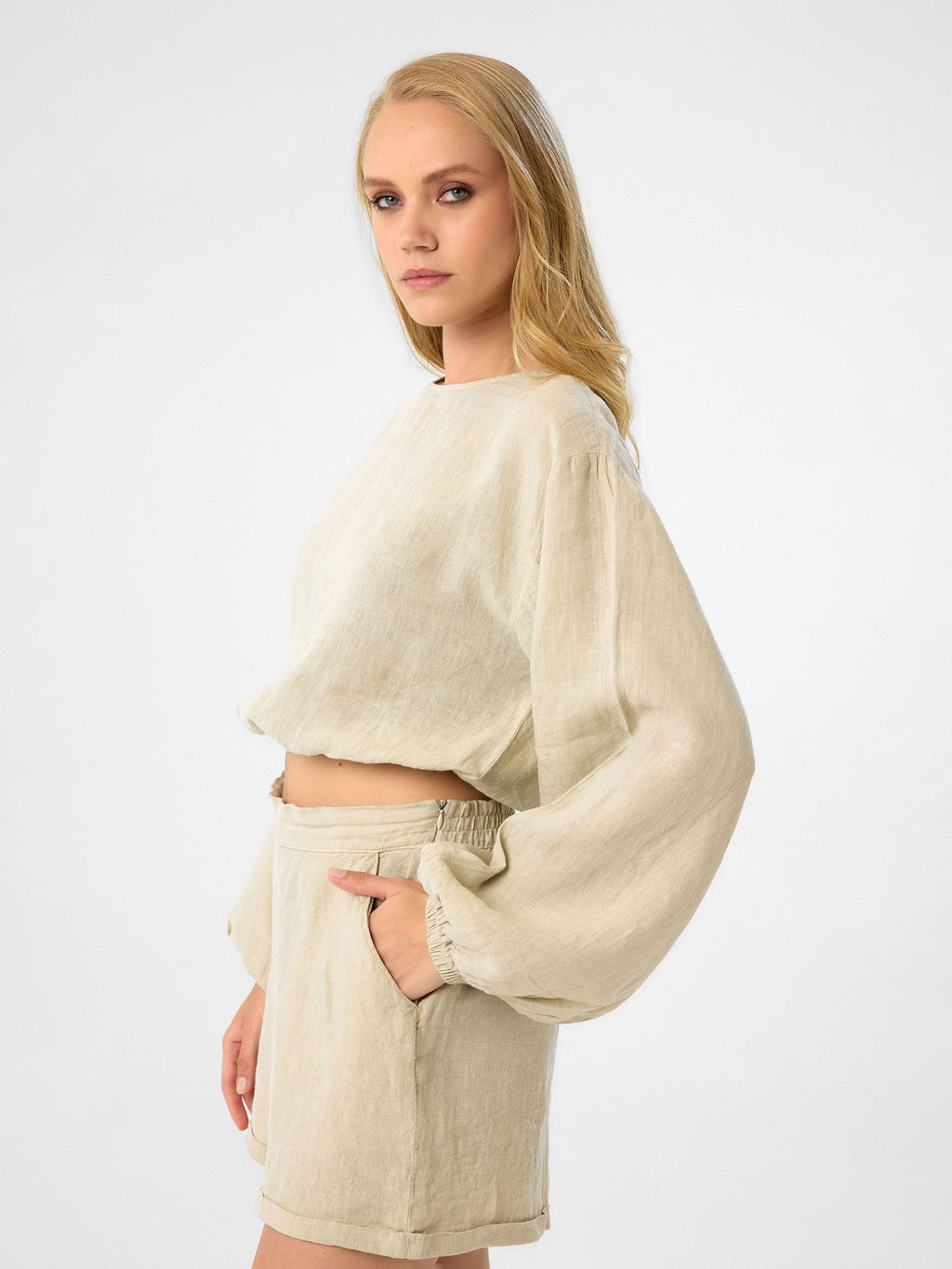 Langarm Crop-Top in Sandbeige