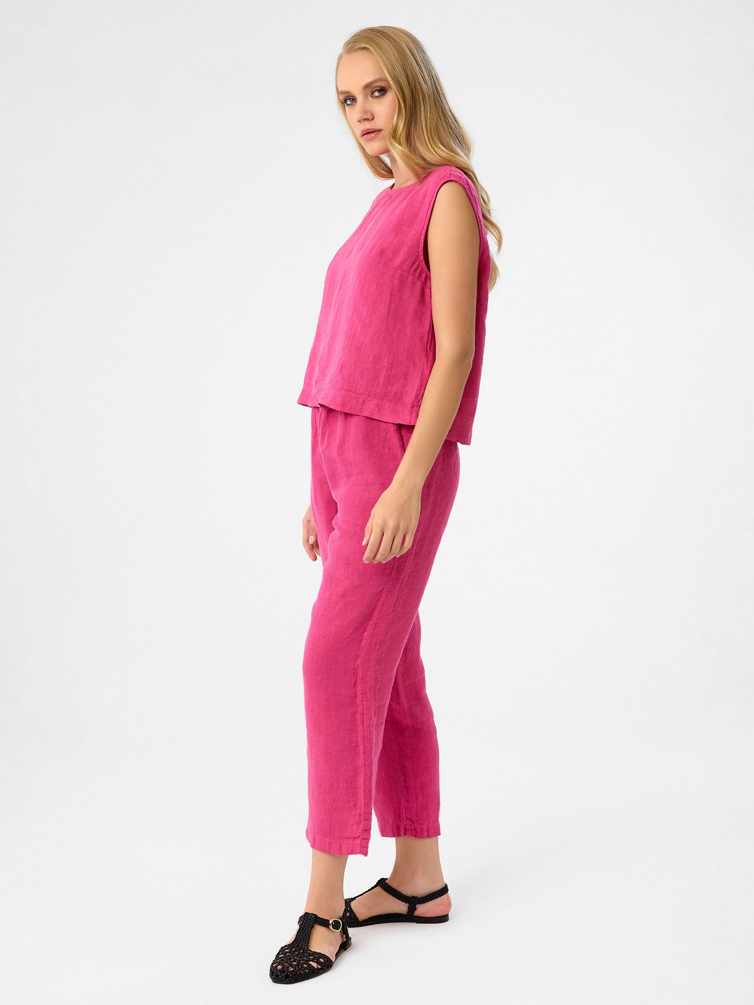 Cropped Linen Pants aus 100 % Leinen – Fuchsia