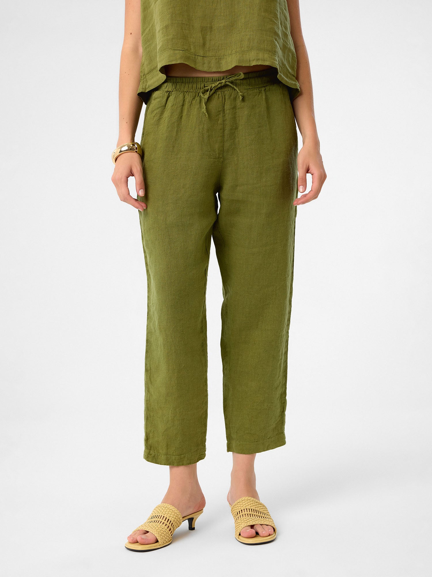 Cropped Linen Pants aus 100 % Leinen – Olive Dune