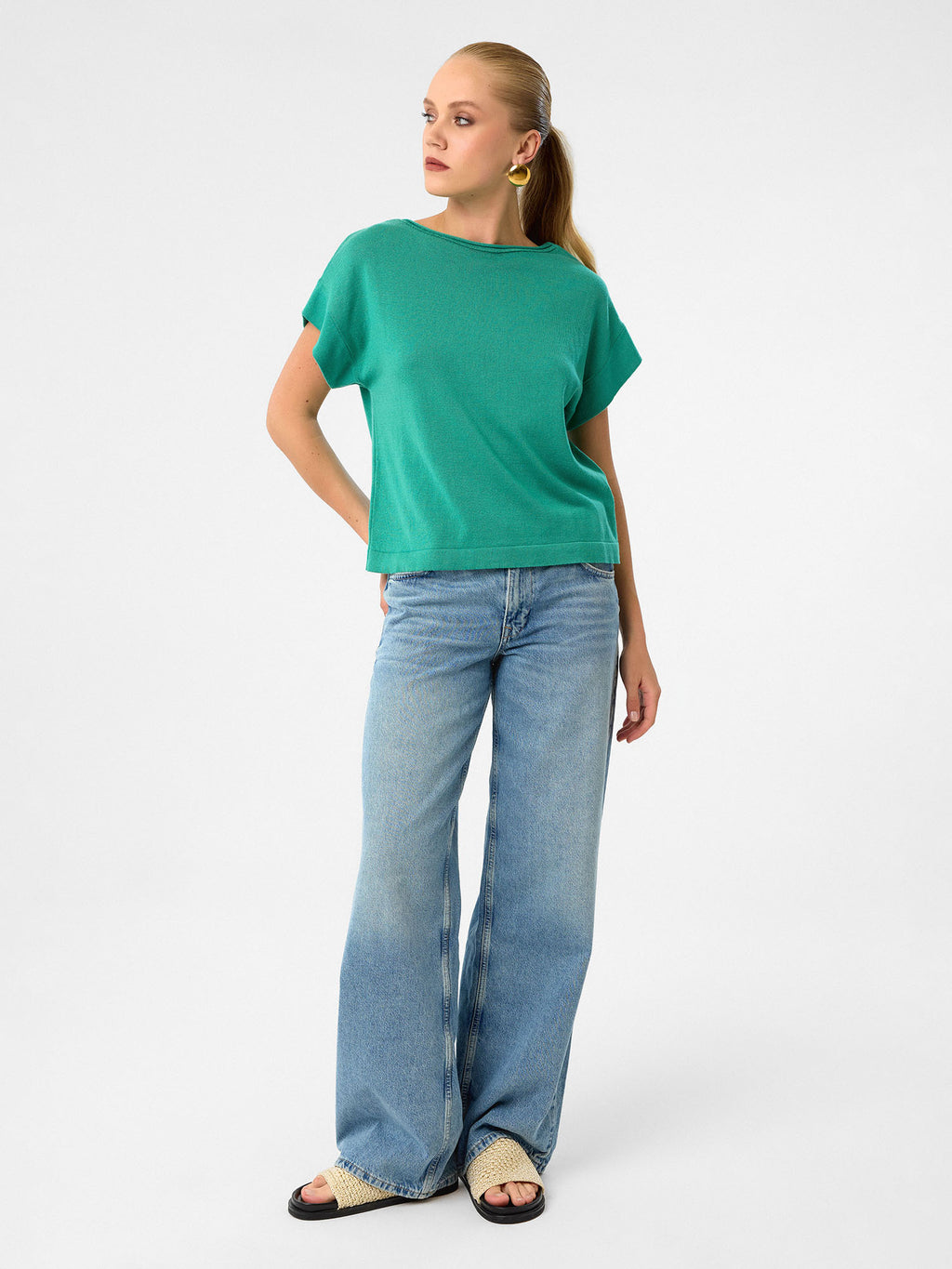 Sommer-Strickshirt mit Fledermausärmeln aus 100 % Baumwolle – Verdant Green