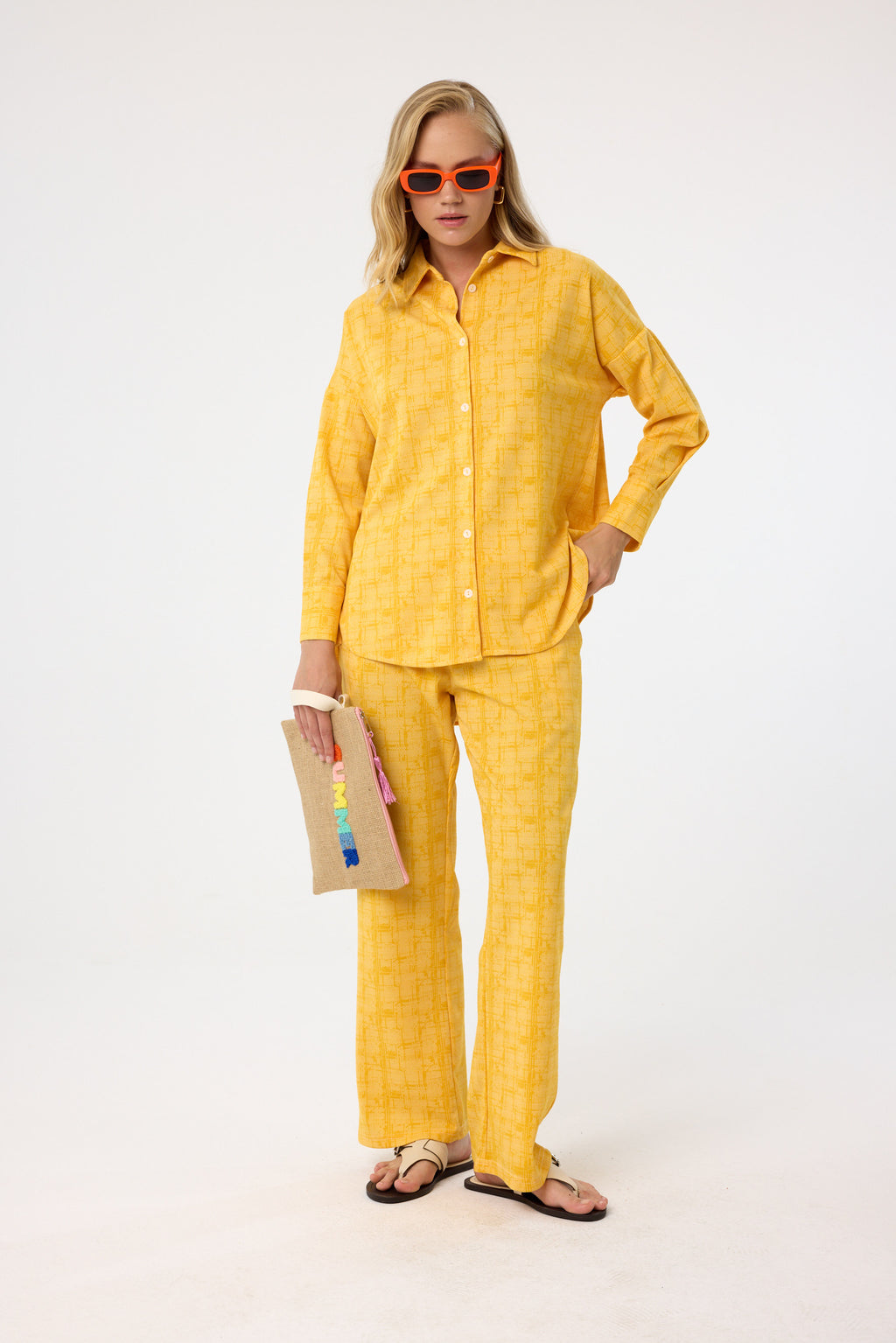Zweiteiliges Set aus Viskose mit Karomuster in Gelb