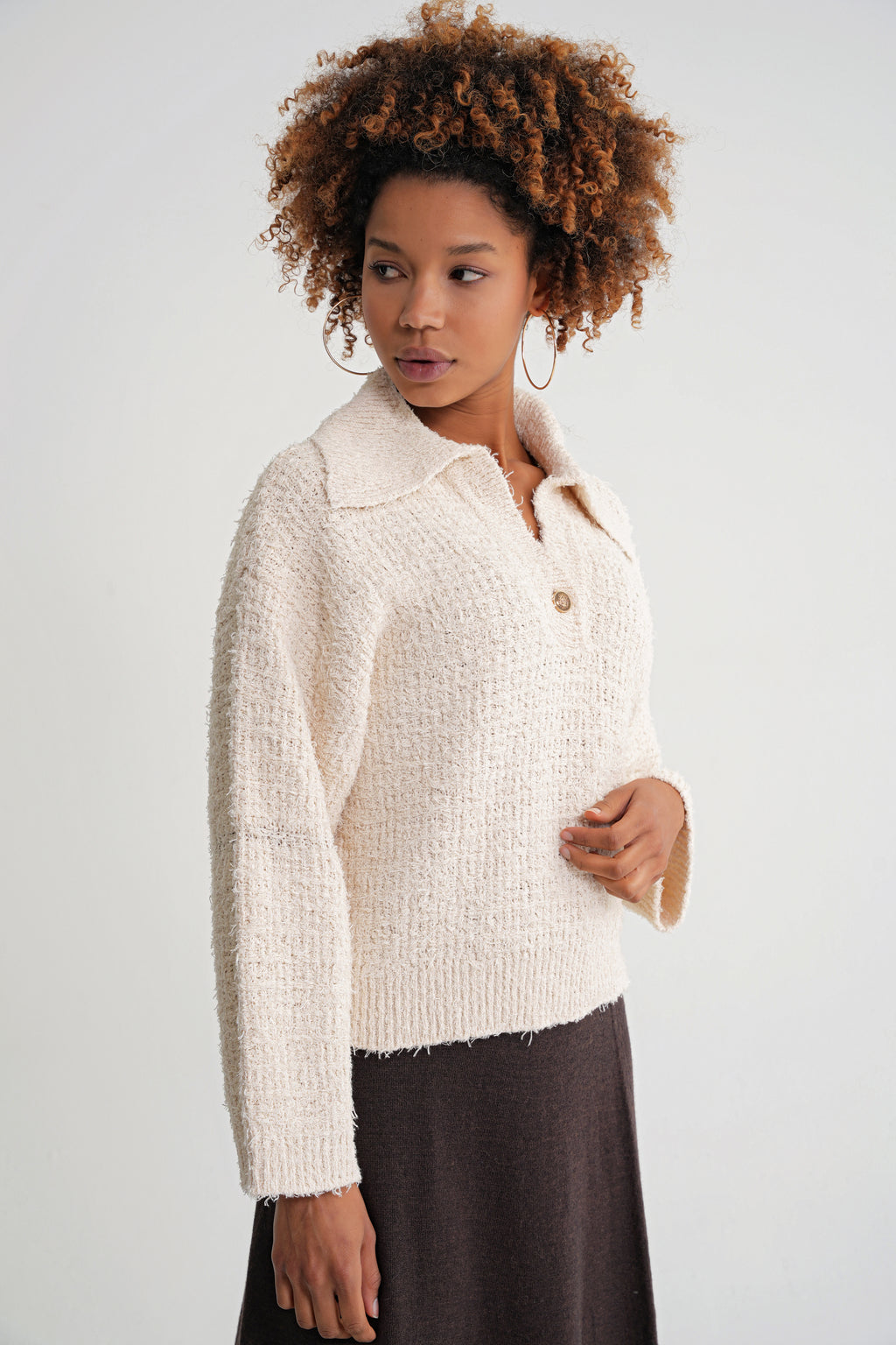 Damen Strickpullover mit Kragen und Knopfleiste – Cremeweiß