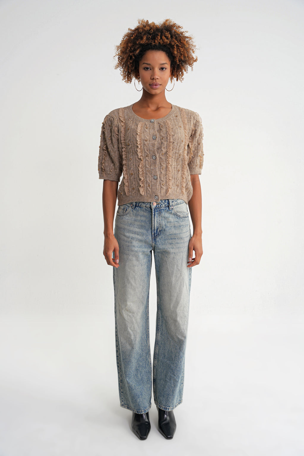 Damen Strickbluse mit Rippstruktur und Knopfleiste – Sandbeige