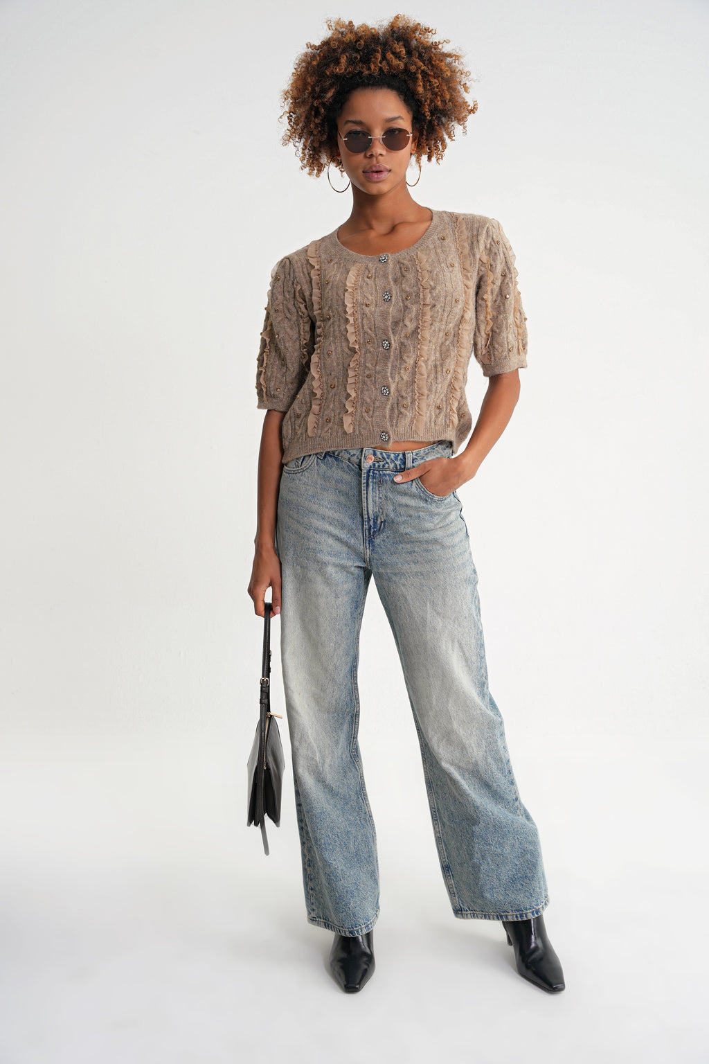 Damen Strickbluse mit Rippstruktur und Knopfleiste – Sandbeige