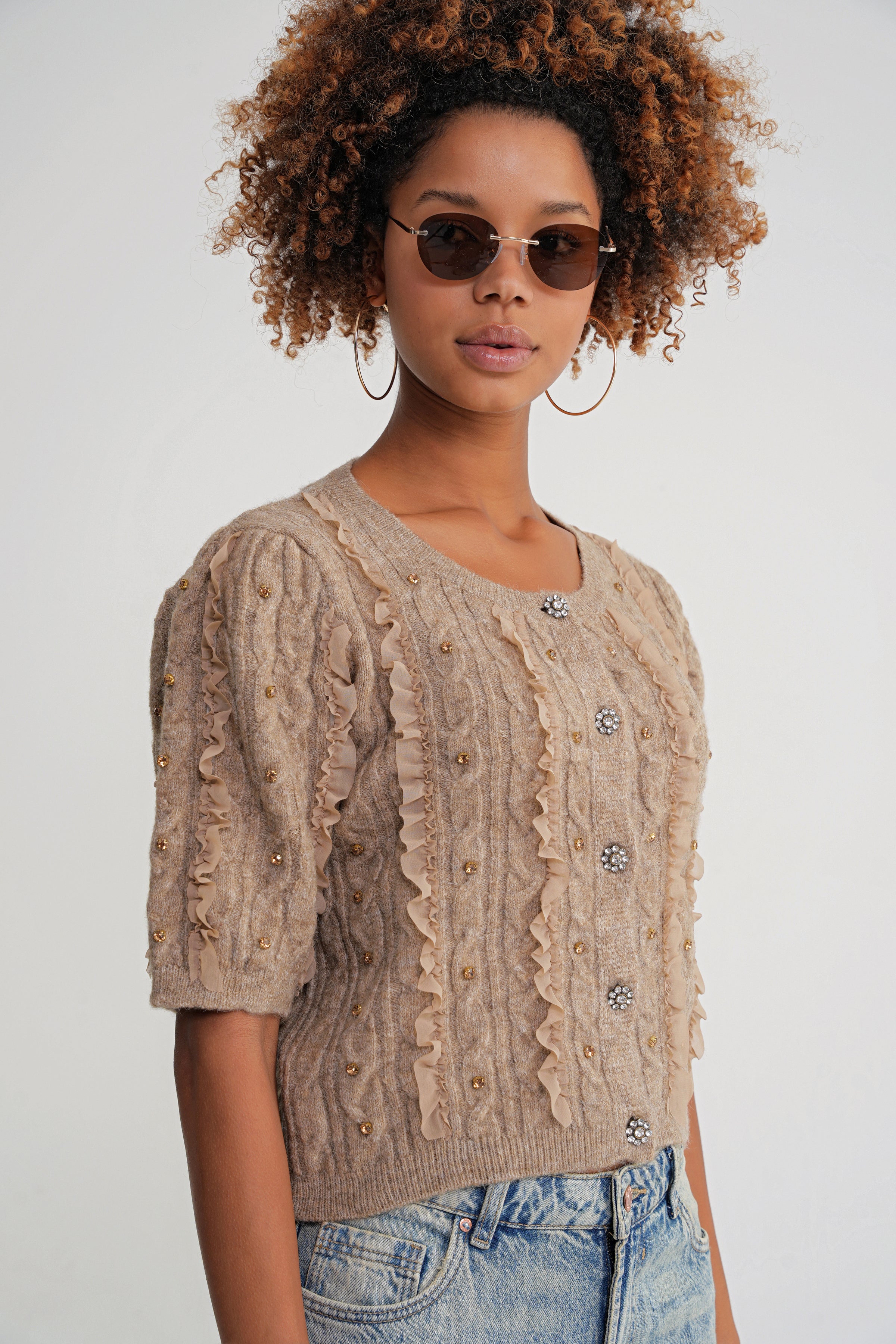 Damen Strickbluse mit Rippstruktur und Knopfleiste – Sandbeige