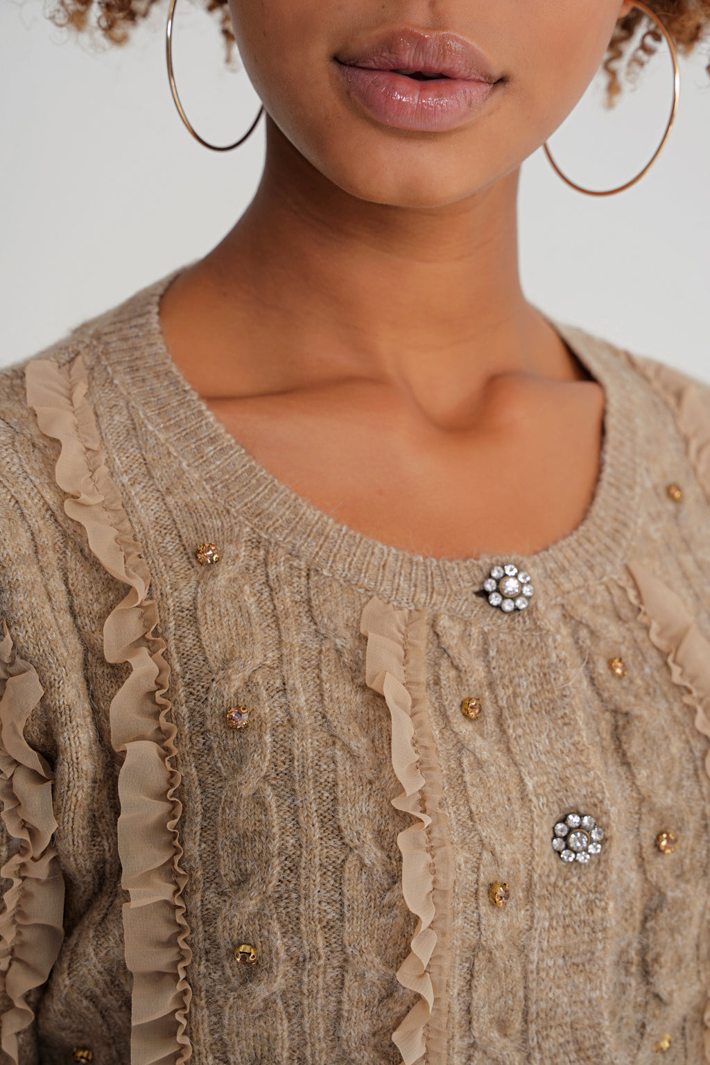 Damen Strickbluse mit Rippstruktur und Knopfleiste – Sandbeige