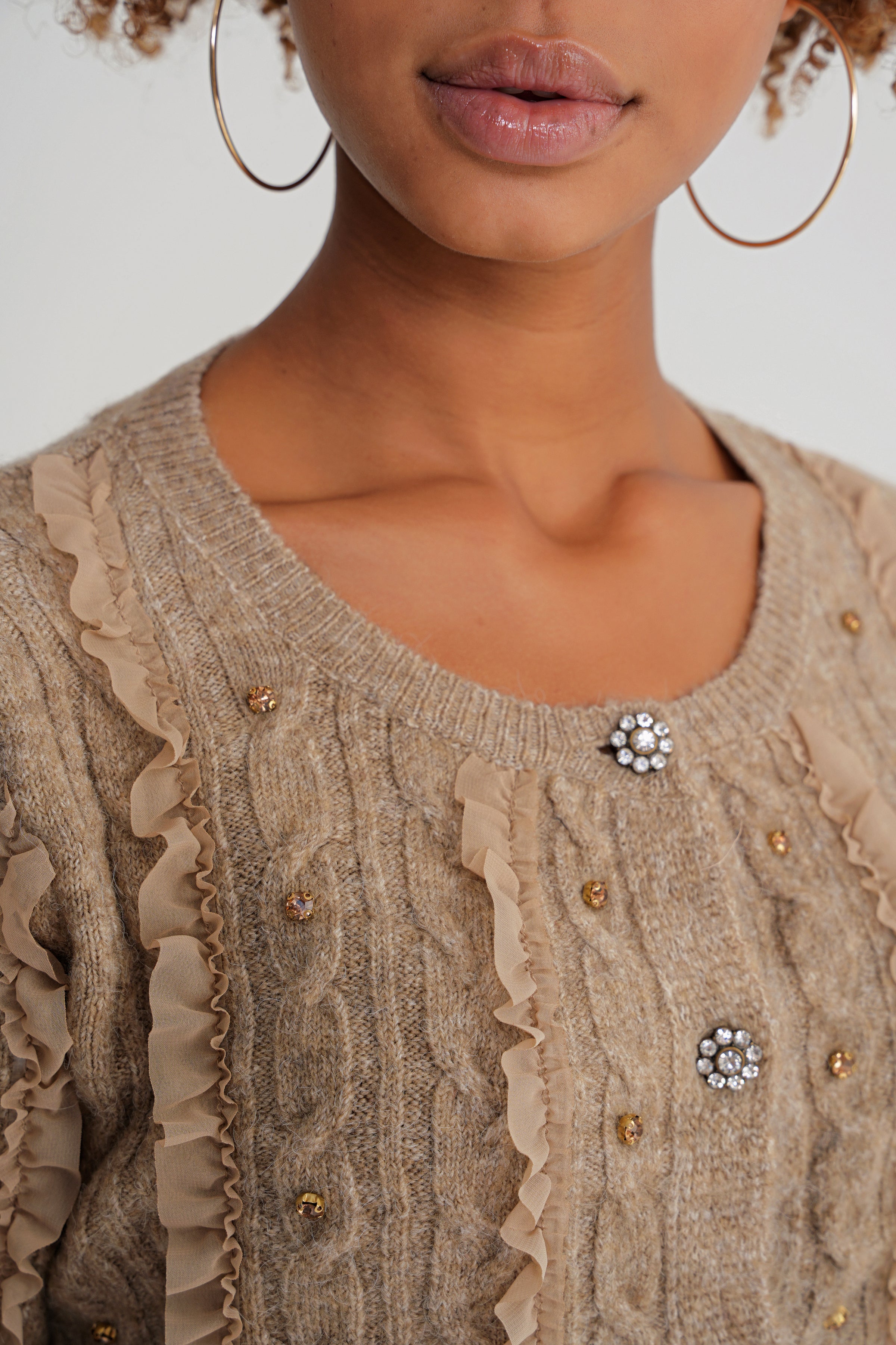 Damen Strickbluse mit Rippstruktur und Knopfleiste – Sandbeige