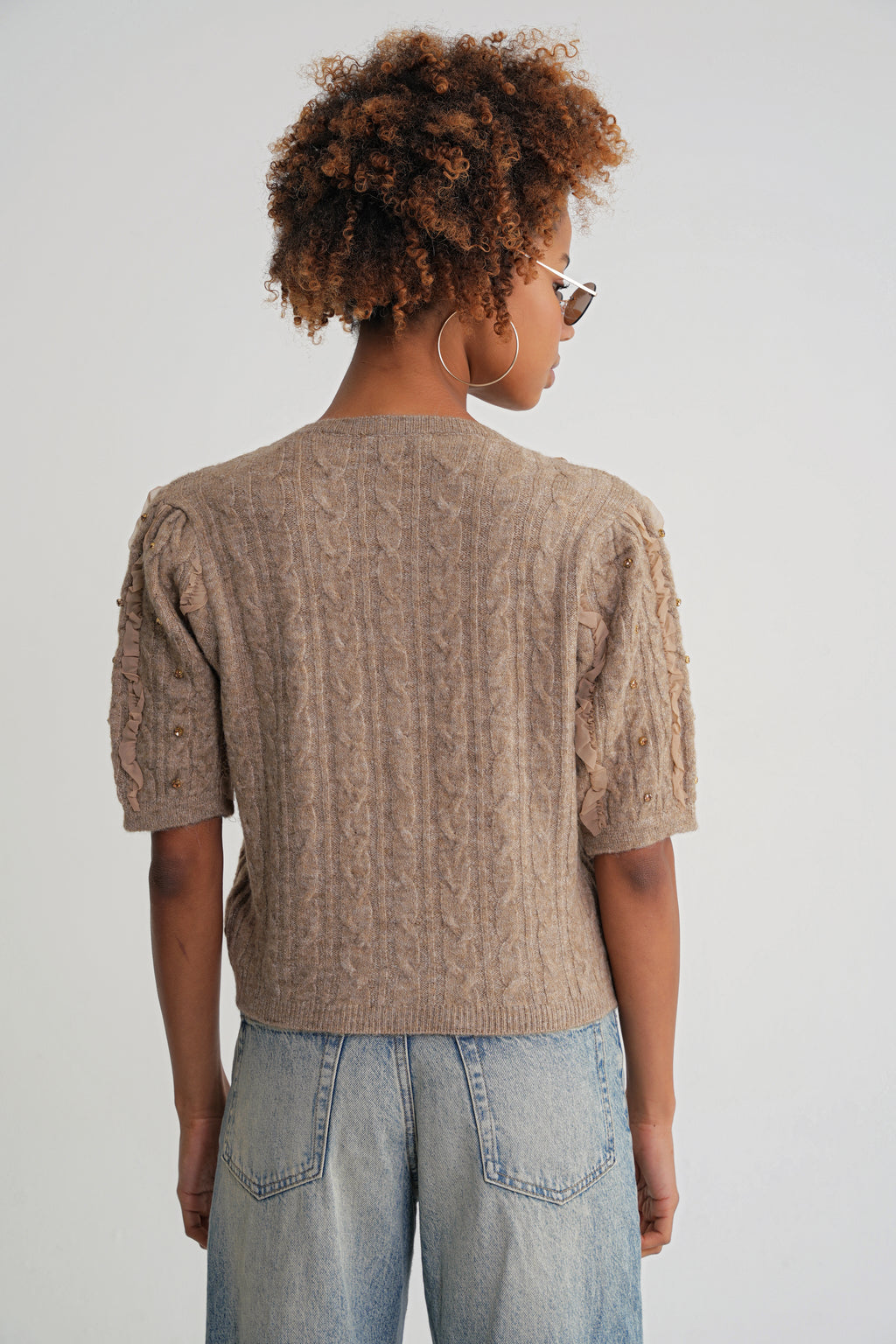 Damen Strickbluse mit Rippstruktur und Knopfleiste – Sandbeige