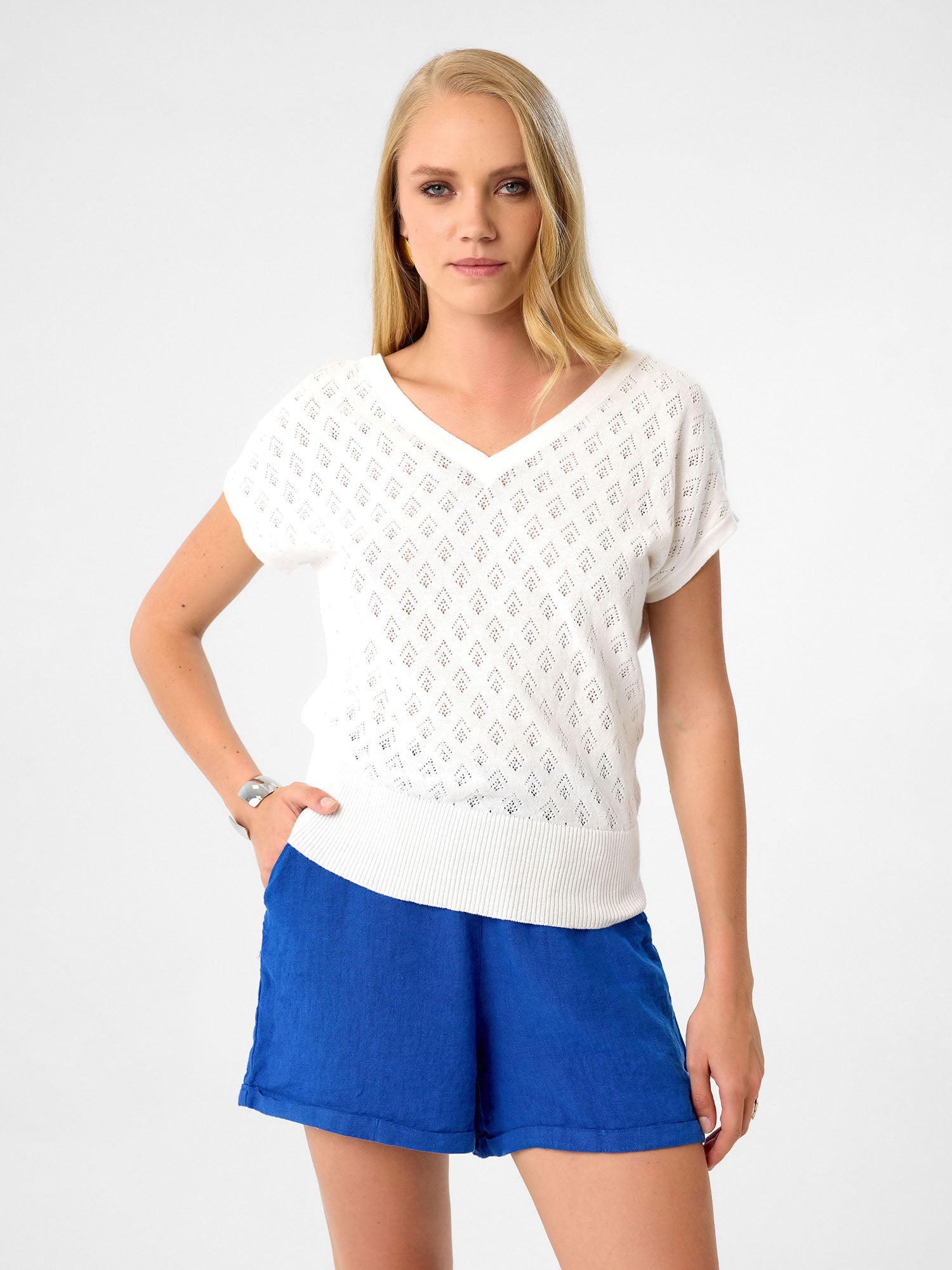 Diamond Knit V-Neck aus 100 % Baumwolle – Soft Pearl