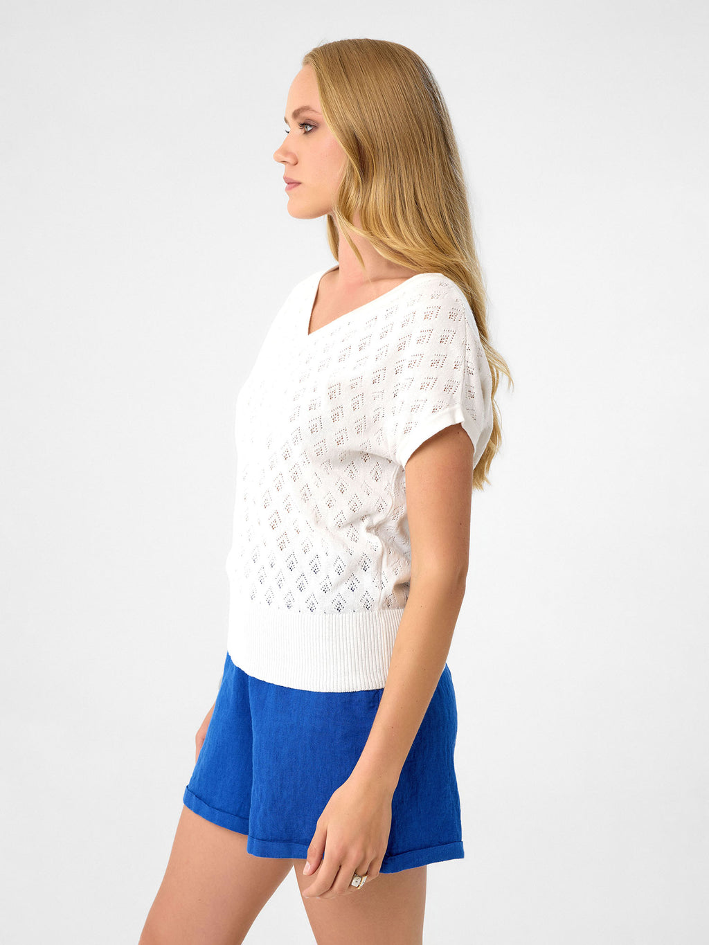 Diamond Knit V-Neck aus 100 % Baumwolle – Soft Pearl