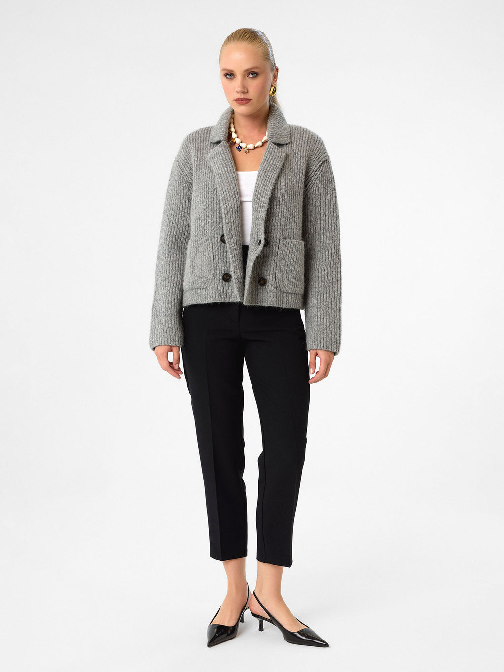 Damen Strickjacke mit Reverskragen und Knöpfen – Grau