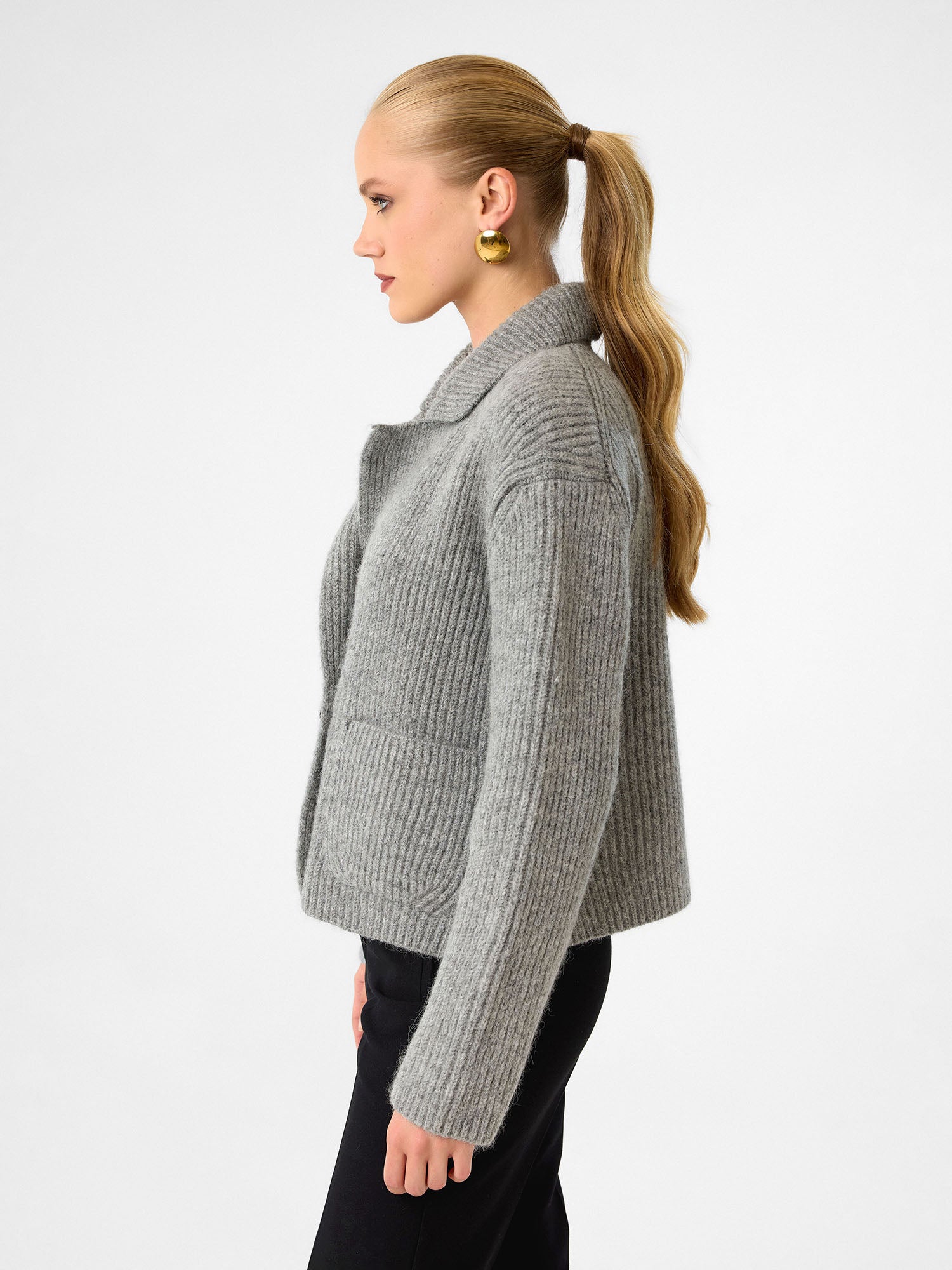 Damen Strickjacke mit Reverskragen und Knöpfen – Grau