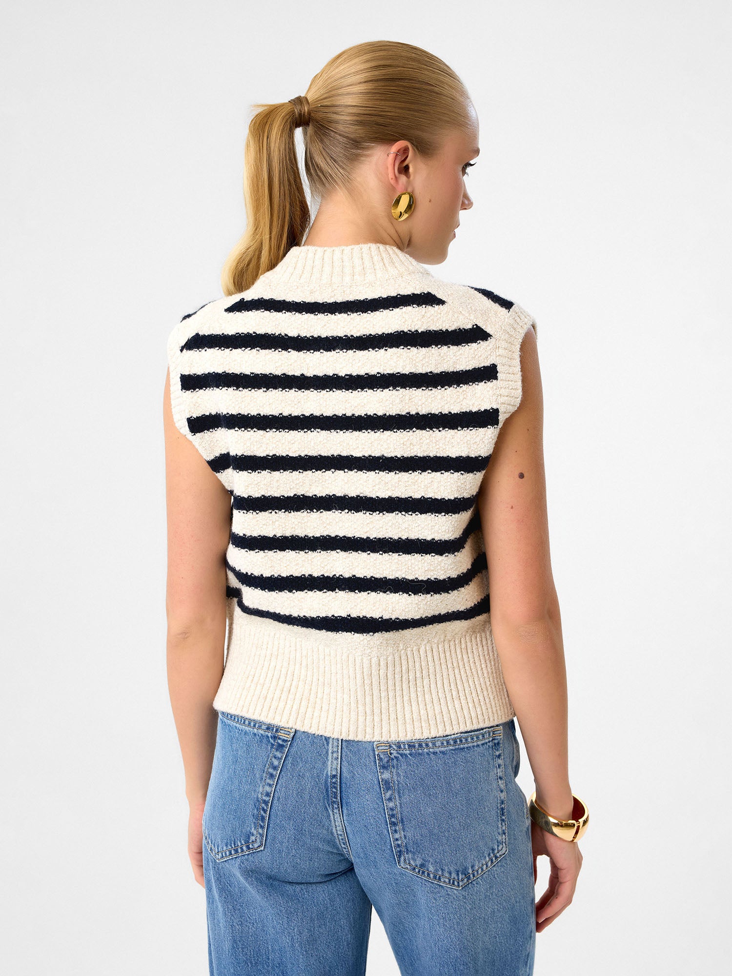 Gestreifte Strickweste aus reiner Baumwolle - Soft Pearl / Deep Navy