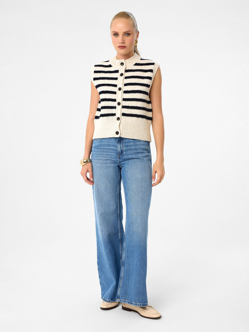 Gestreifte Strickweste aus reiner Baumwolle - Soft Pearl / Deep Navy