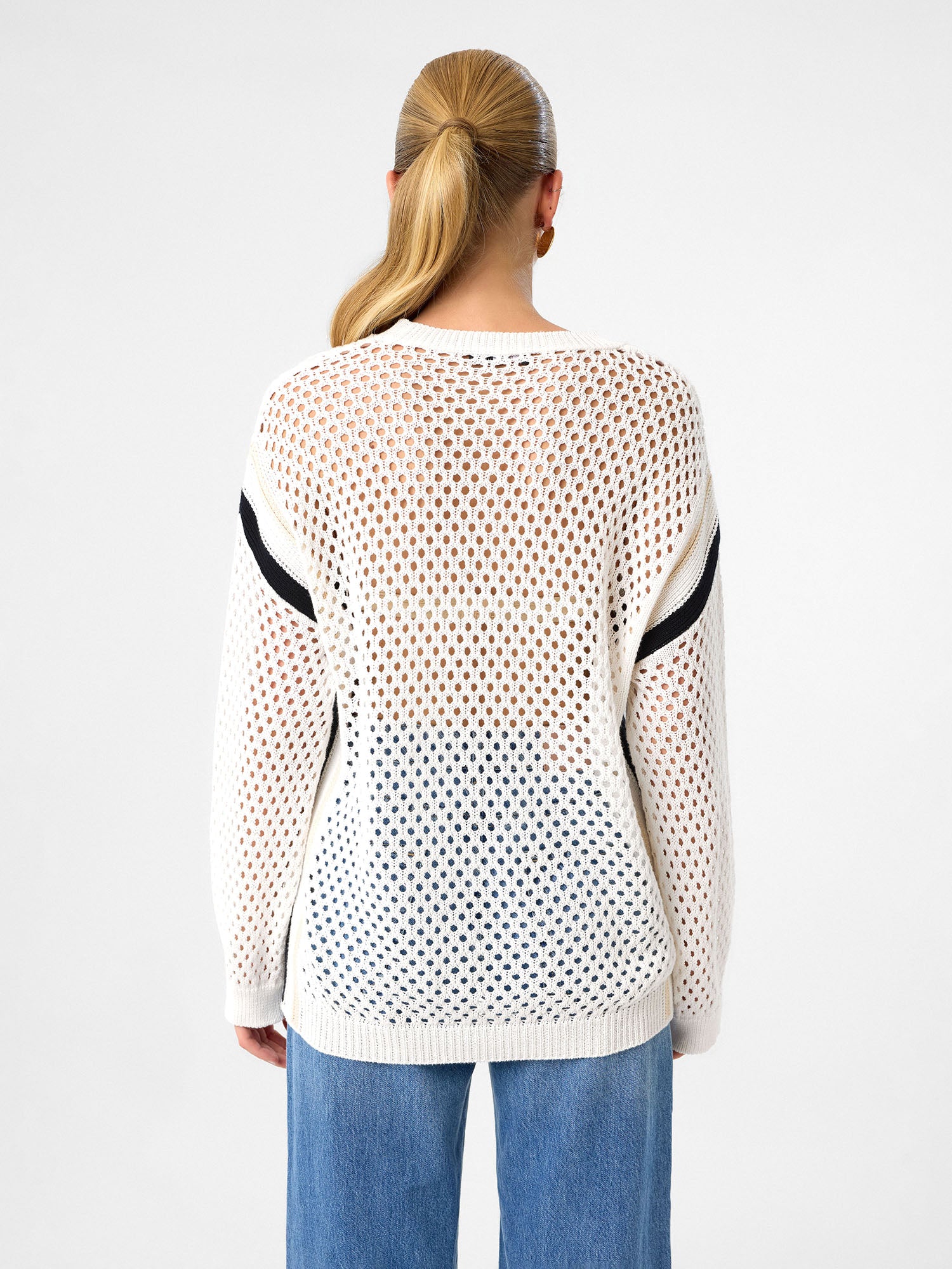 Mesh Knit Pullover aus 100 % Baumwolle – Soft Ivory mit Black Accent