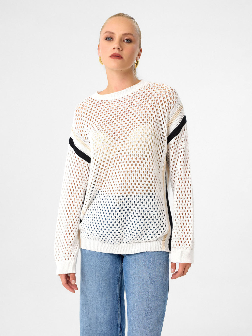 Mesh Knit Pullover aus 100 % Baumwolle – Soft Ivory mit Black Accent