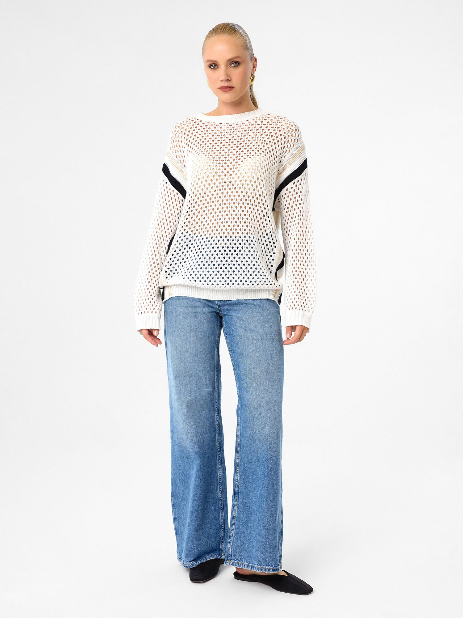 Mesh Knit Pullover aus 100 % Baumwolle – Soft Ivory mit Black Accent