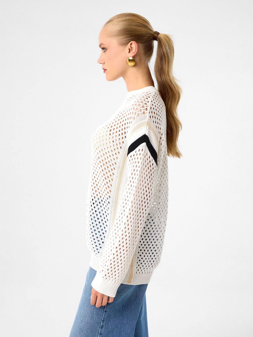 Mesh Knit Pullover aus 100 % Baumwolle – Soft Ivory mit Black Accent