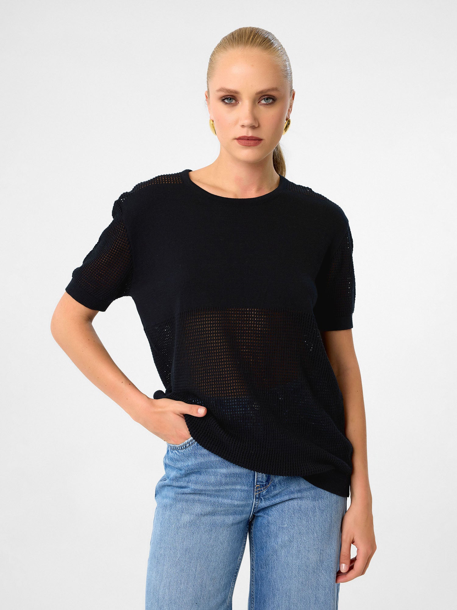 Mesh Knit Pullover aus 100 % Baumwolle – Jet Black