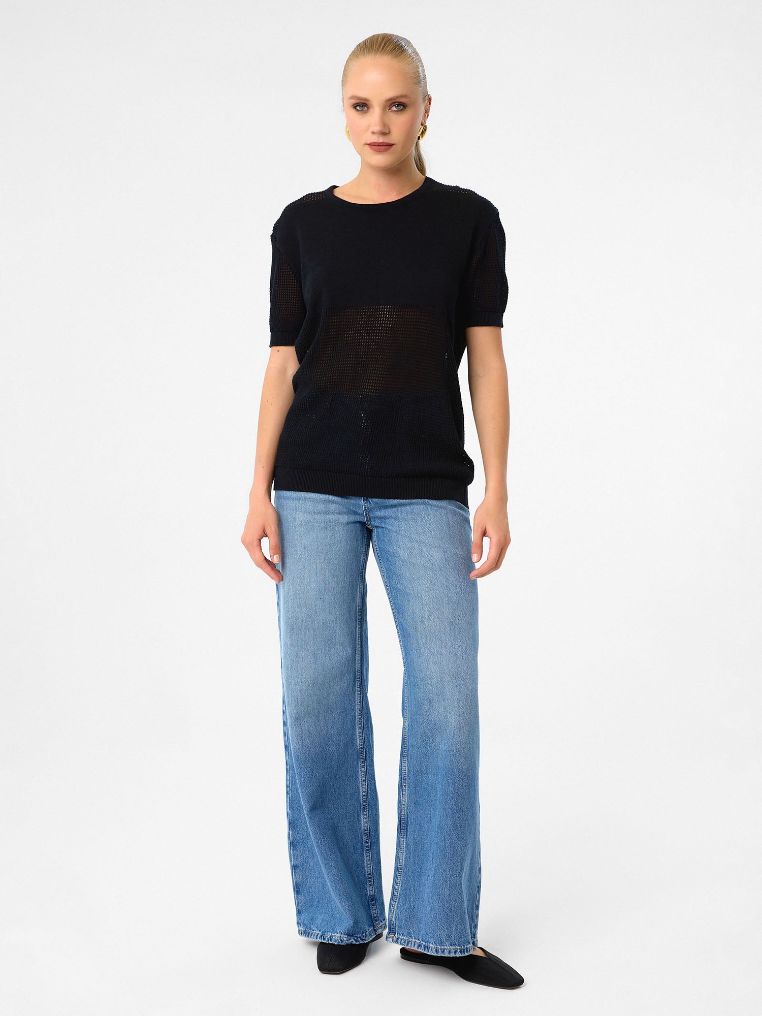 Mesh Knit Pullover aus 100 % Baumwolle – Jet Black