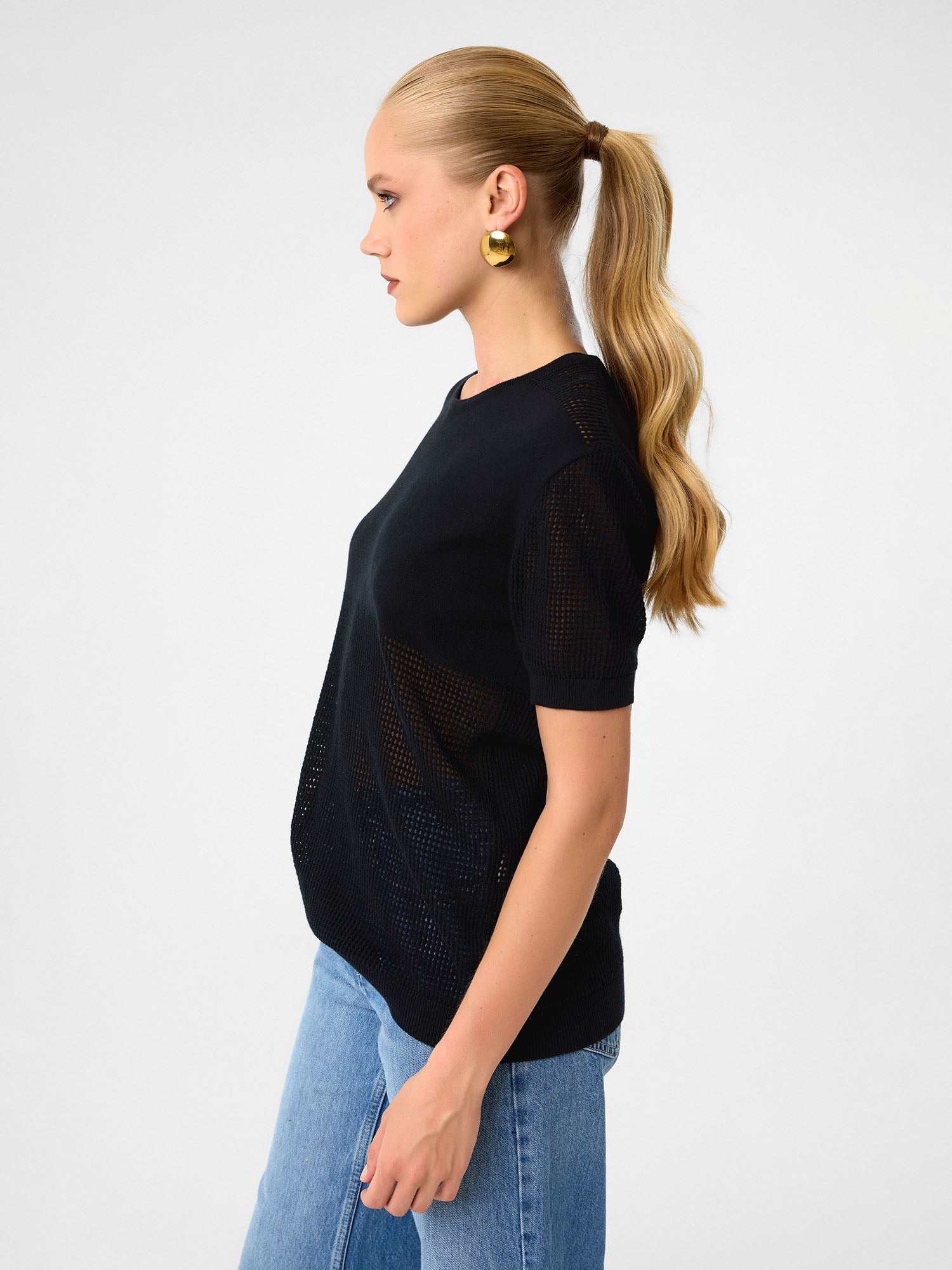 Mesh Knit Pullover aus 100 % Baumwolle – Jet Black