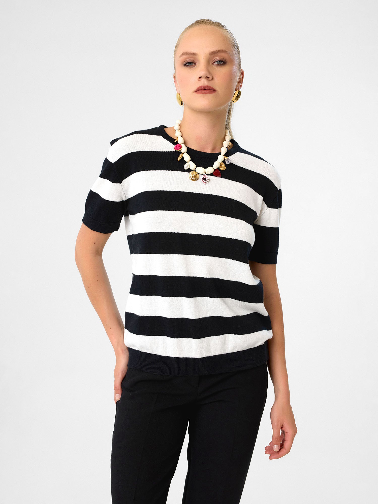 Strickshirt aus 100 % Baumwolle – Jet Black & Soft Pearl