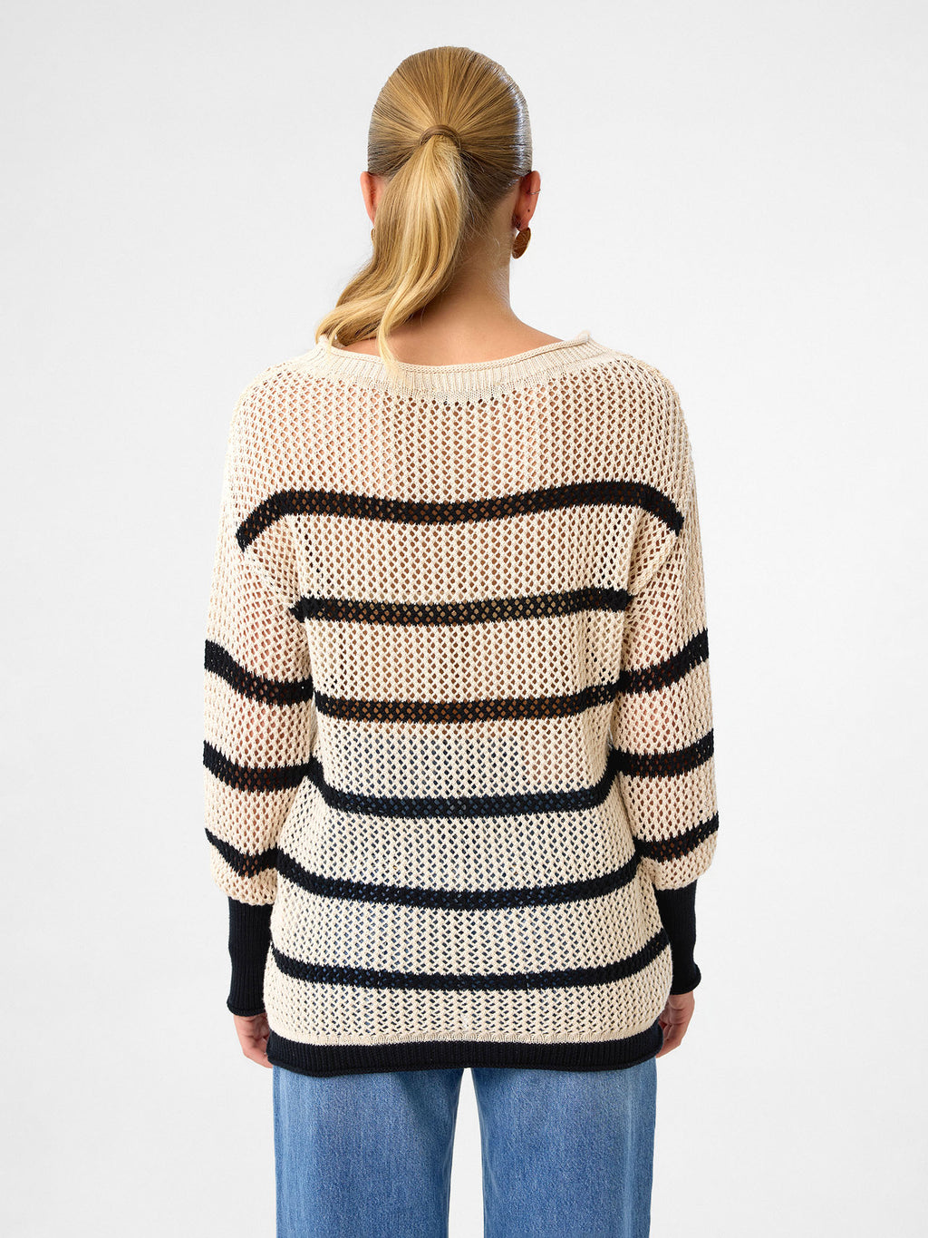 Striped Mesh Knit Pullover aus 100 % Baumwolle – Sandstone & Black