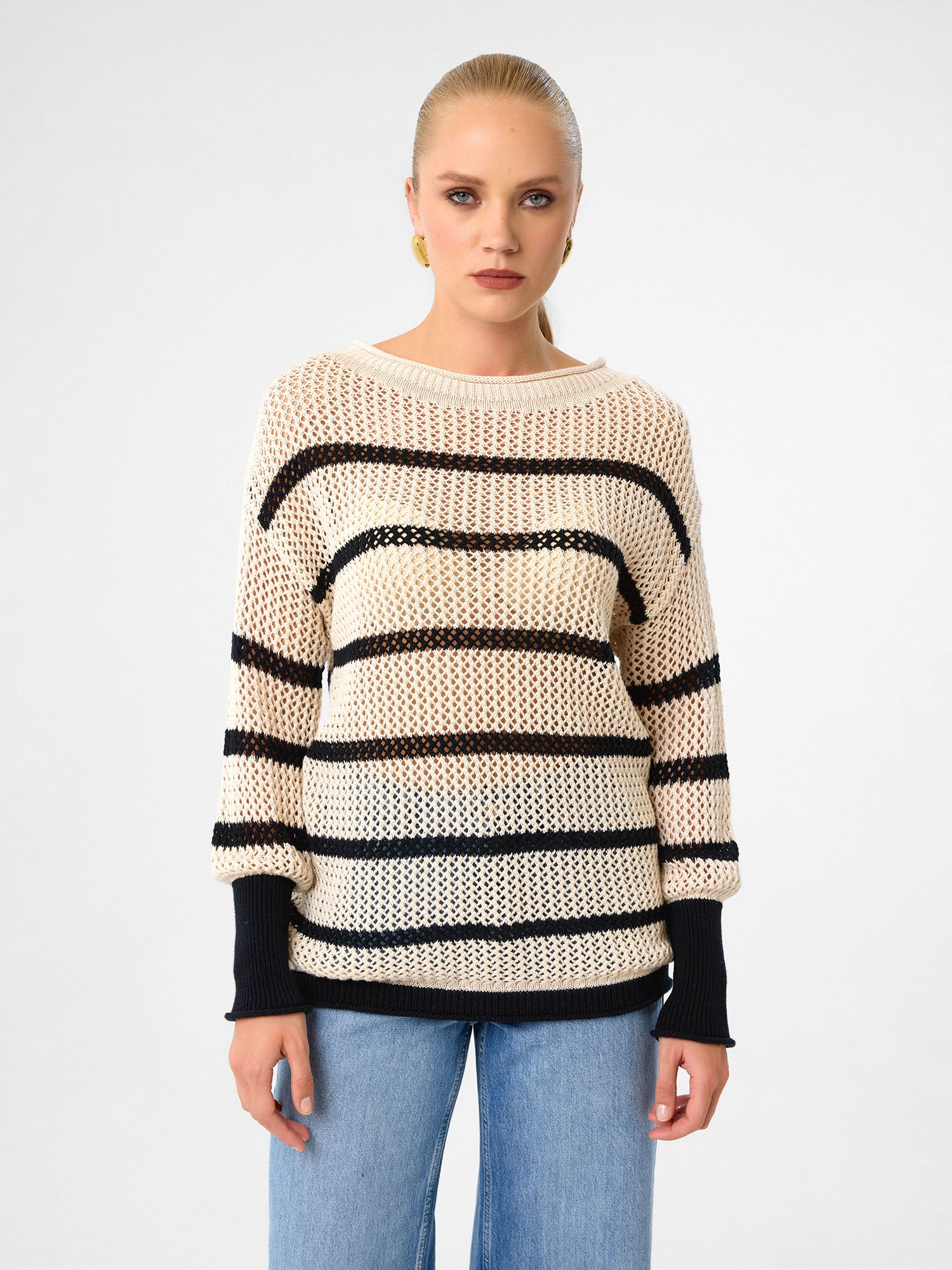 Striped Mesh Knit Pullover aus 100 % Baumwolle – Sandstone & Black