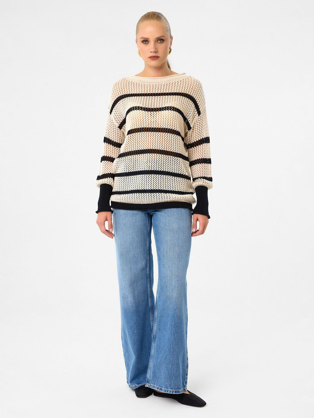 Striped Mesh Knit Pullover aus 100 % Baumwolle – Sandstone & Black