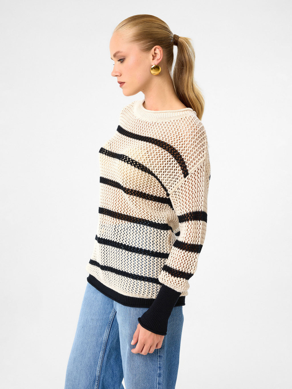 Striped Mesh Knit Pullover aus 100 % Baumwolle – Sandstone & Black