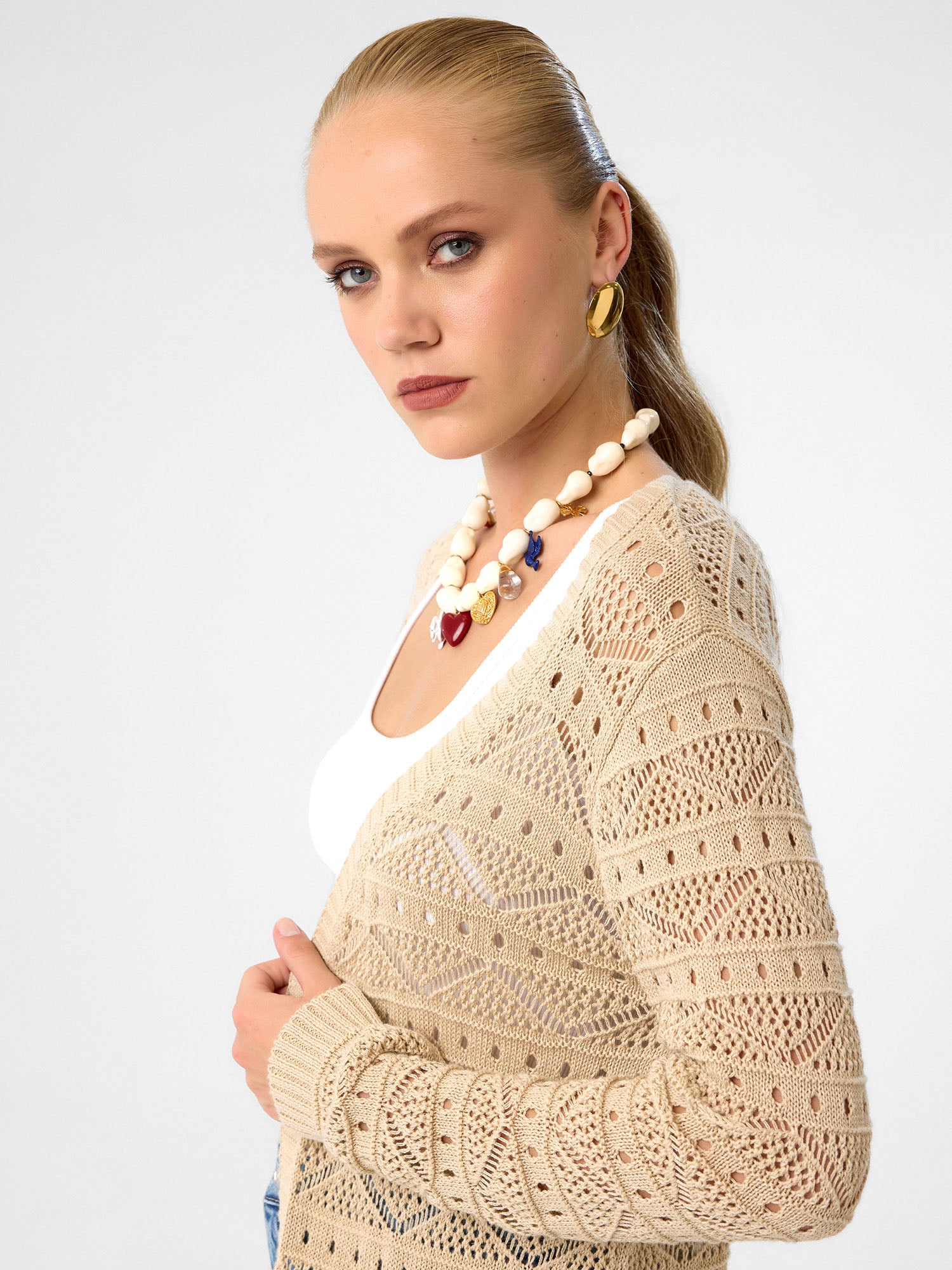 Open Knit Long Cardigan aus 100 % Baumwolle – Sandstone