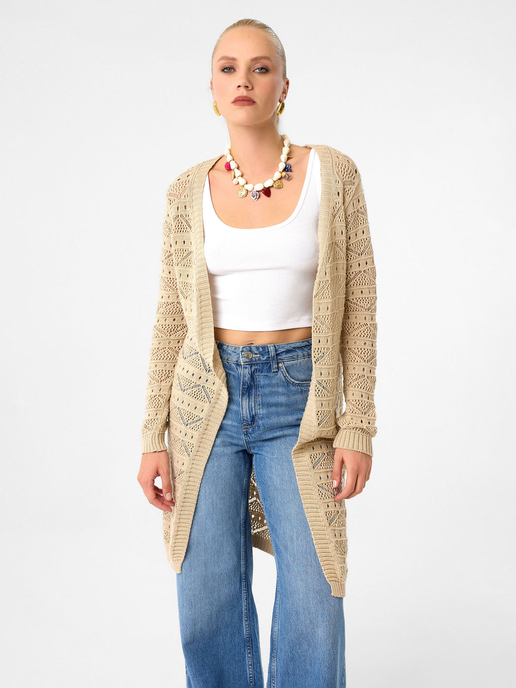 Open Knit Long Cardigan aus 100 % Baumwolle – Sandstone