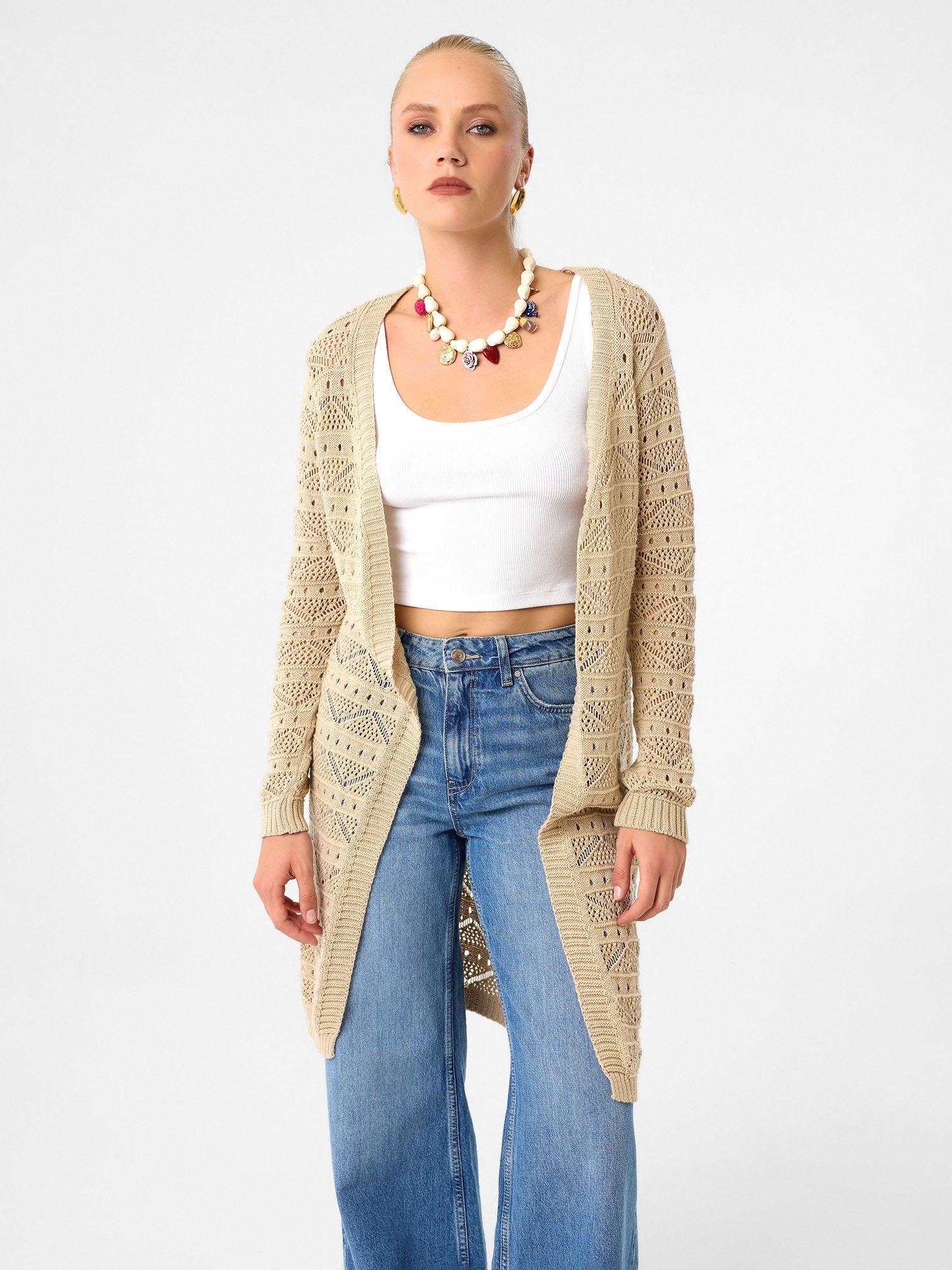 Open Knit Long Cardigan aus 100 % Baumwolle – Sandstone