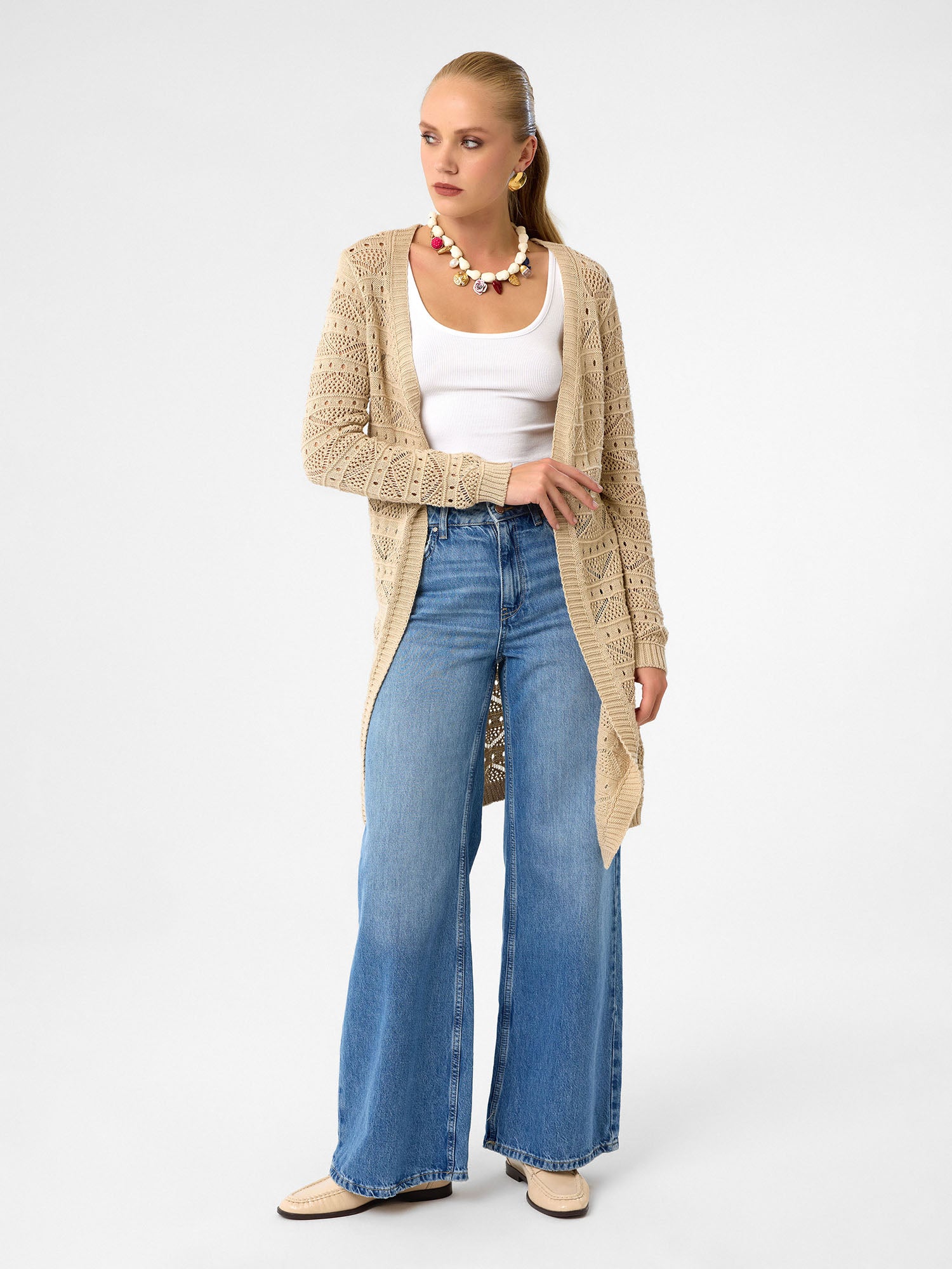 Open Knit Long Cardigan aus 100 % Baumwolle – Sandstone