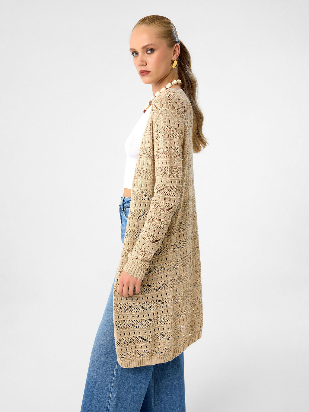 Open Knit Long Cardigan aus 100 % Baumwolle – Sandstone